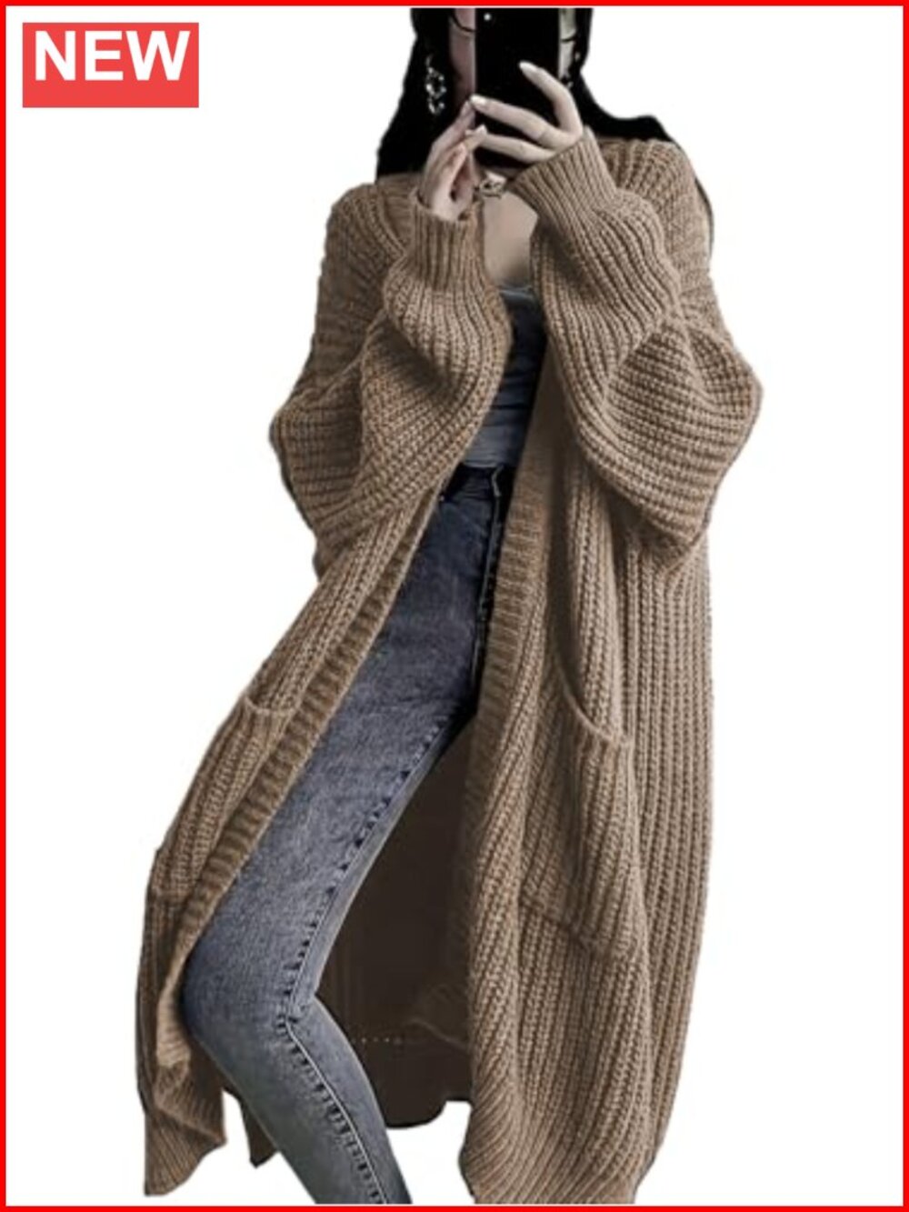 Open Front Long Cardigan Sweater Duster with Pockets Oversized Chunky Cable Knit